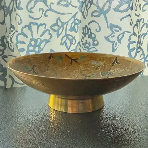 Brass Cloisonné Decorative Trinket Pedestal Dish/Bowl Birds Flowers Vtg 1970s - Picture 2 of 7